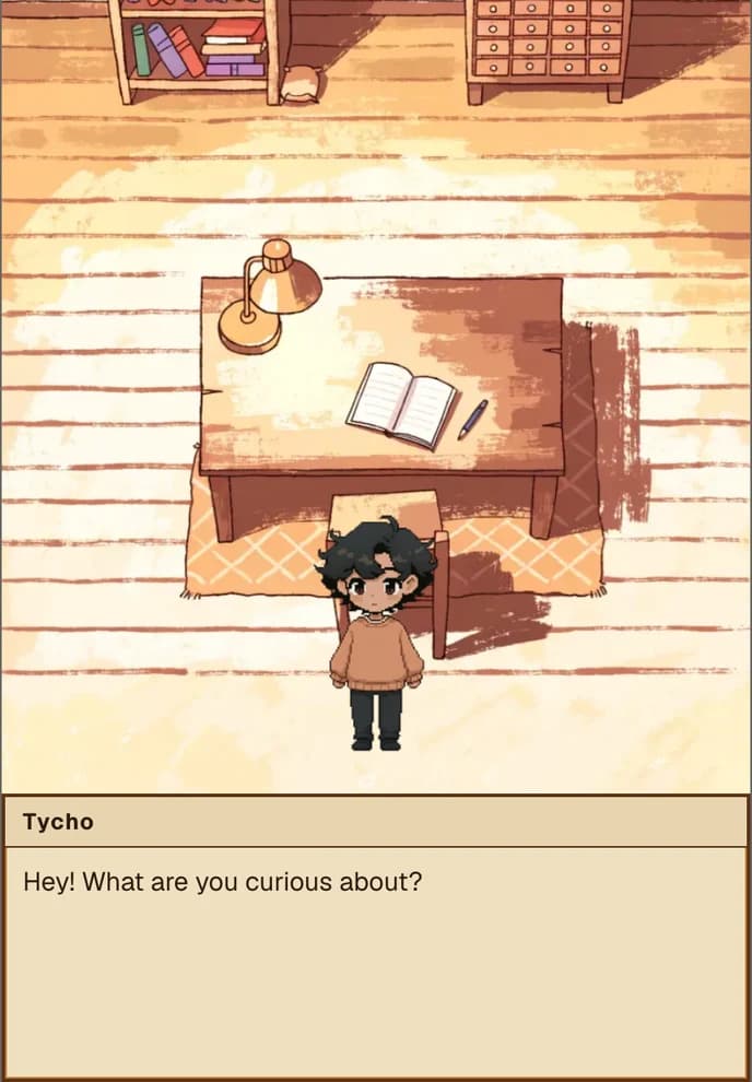 Tycho's room, drawn from above: bookshelves and a filing cabinet along the top wall, a desk with a lamp and an open book, and Tycho standing in front of it. A dialogue box across the bottom reads: Hey! What are you curious about?